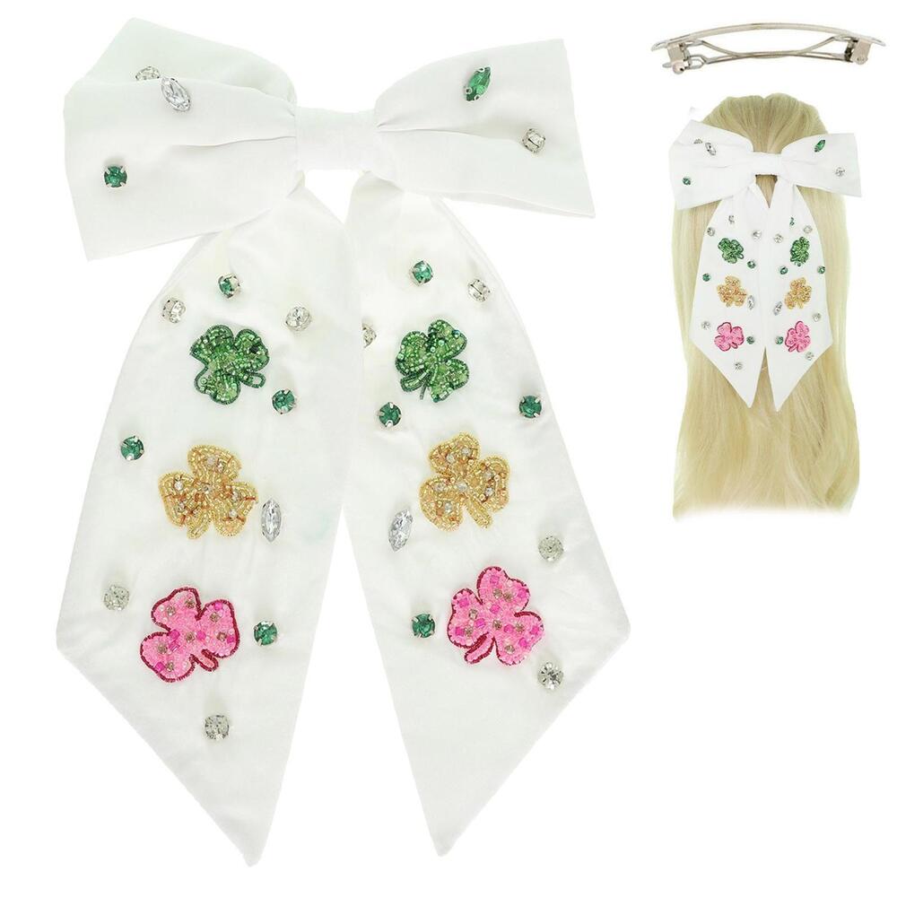 SAINT PATRICKS SHAMROCK BOW BARRETTE HAIR CLIP - White